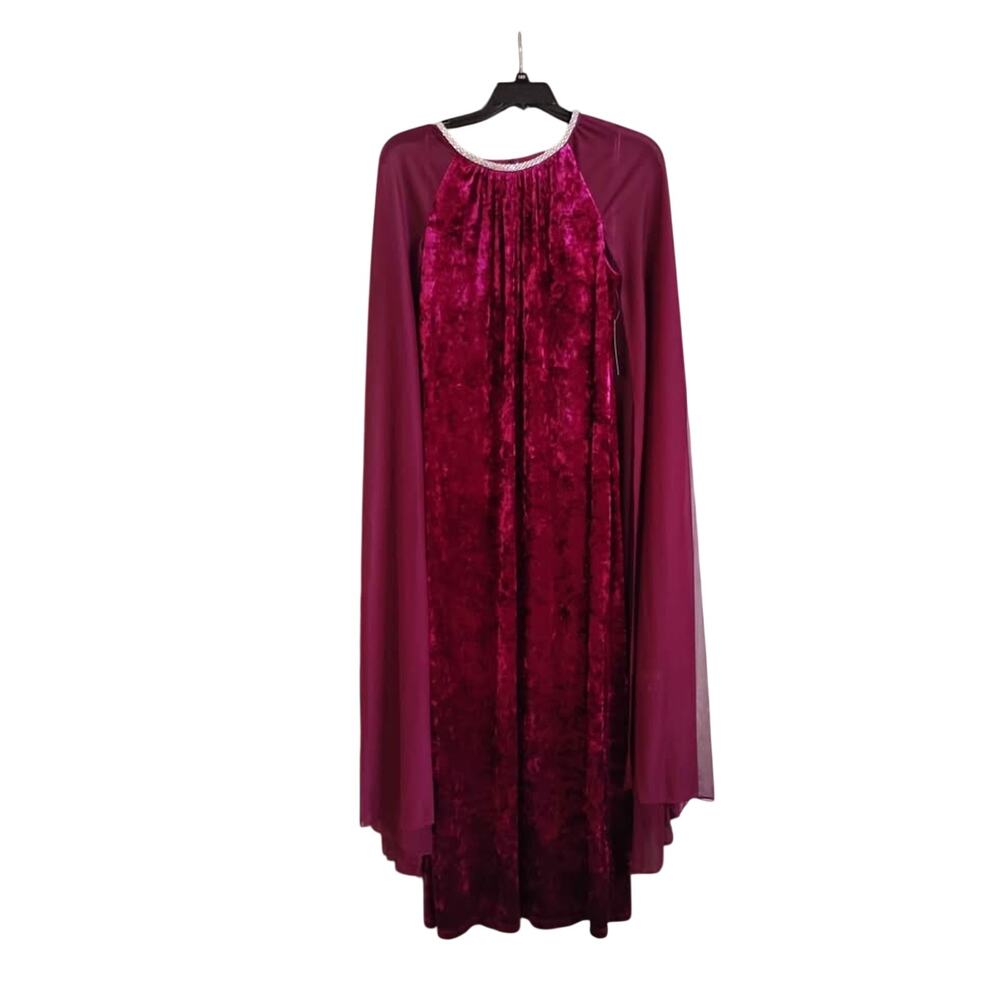 R&M Richards Velvet Cape Dress 14W Wine Maxi Formal Evening Rhinestone NWT